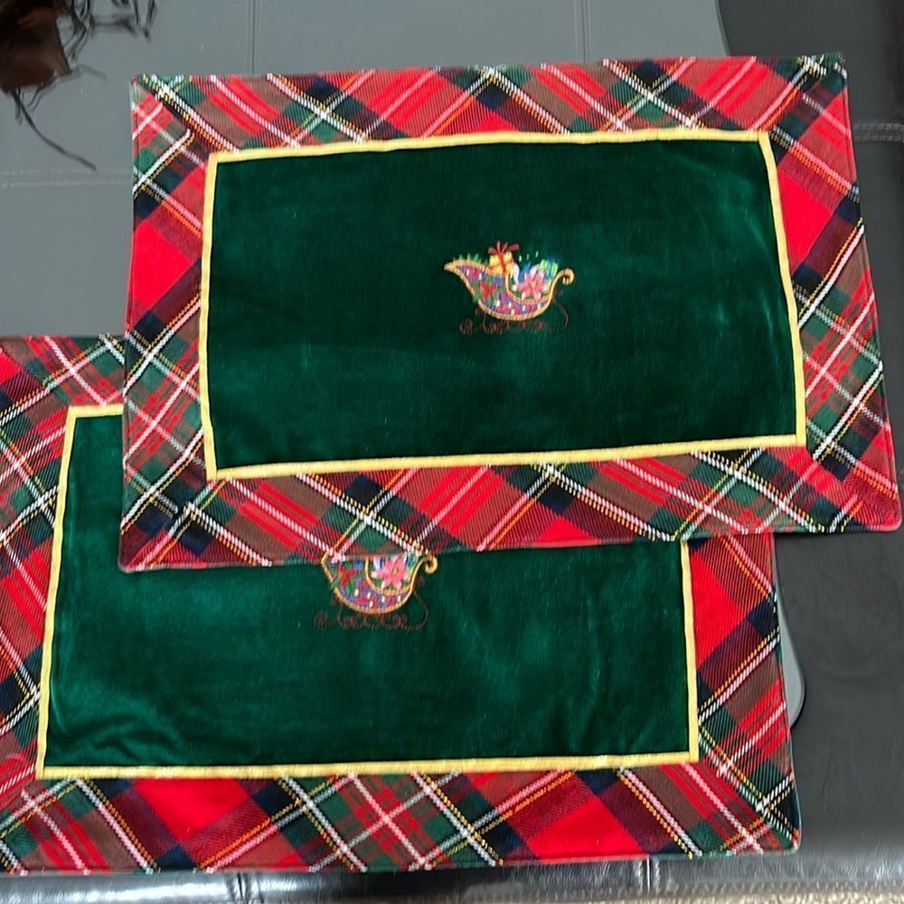 Martha Stewart Set of Two Christmas Plaid Placemats with Custom Embroidery